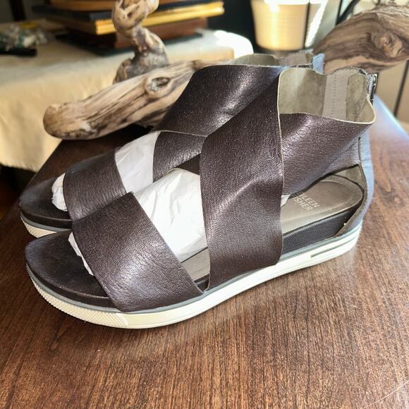 Eileen Fisher Sport tumbled leather sneaker sandal Gray Metallic Leather Sz 9 - Picture 1 of 9